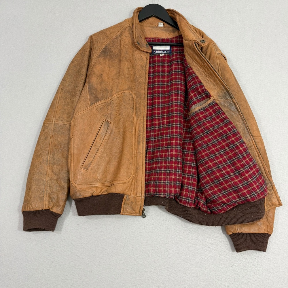 Vintage Oakbrook Leather Jacket Medium Brown Bomber Plaid Lined Patina 90s
